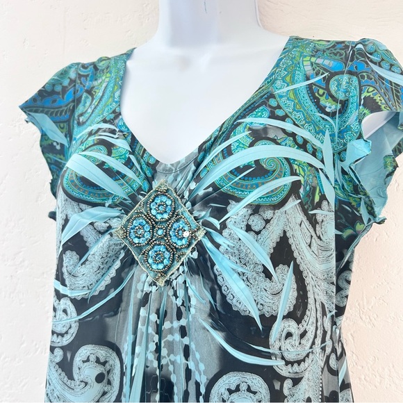 Y2K Green Paisley Butterfly Fairy Flutter Dress Sz P Small Beaded V-neck APT 9 - Picture 5 of 12